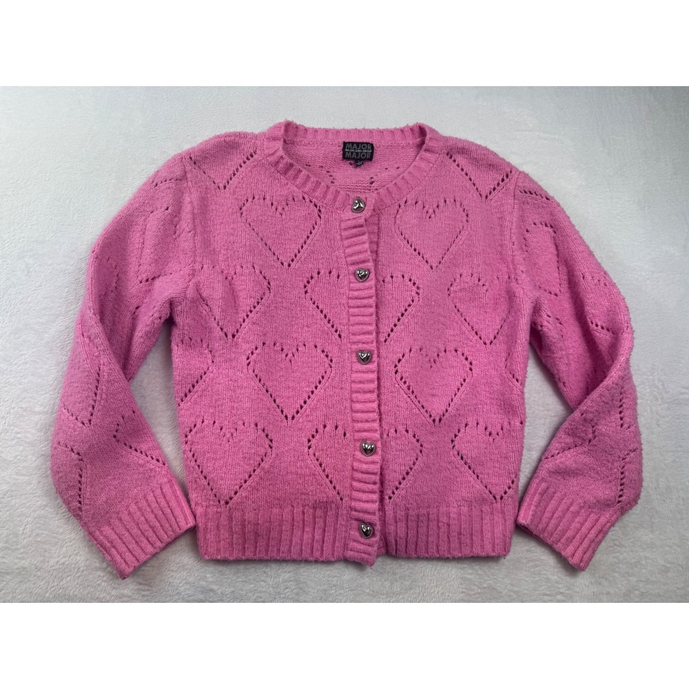 Womens Pink Heart Pointelle Knit Cardigan Sweater Silver Heart Buttons